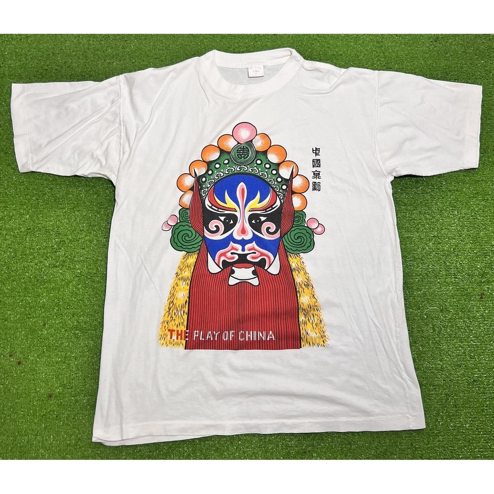 Vintage Asian Single Stitch Shirt LG Traditional‎ Peking Mask Jingju Vibrant 80s
